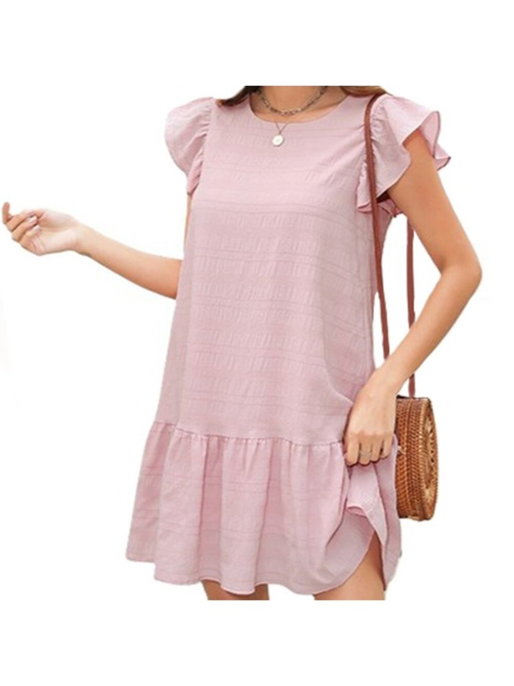 Women's Summer Dress Ruffle Cap Sleeve Mini Dress Tie Back Pink XL